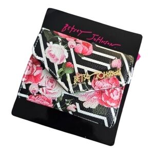 New Betsey Johnson Floral Black Pink Trifold Small ID Credit Card Wallet Purse